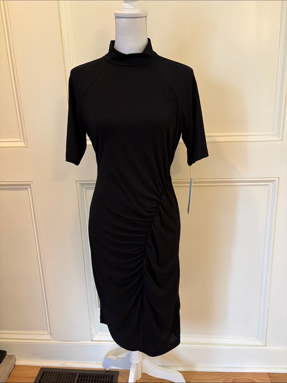 Calvin Klein Black Mock-Neck Ruched Midi Dress